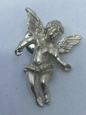 Vtg silver tone rhinestone angel pin brooch